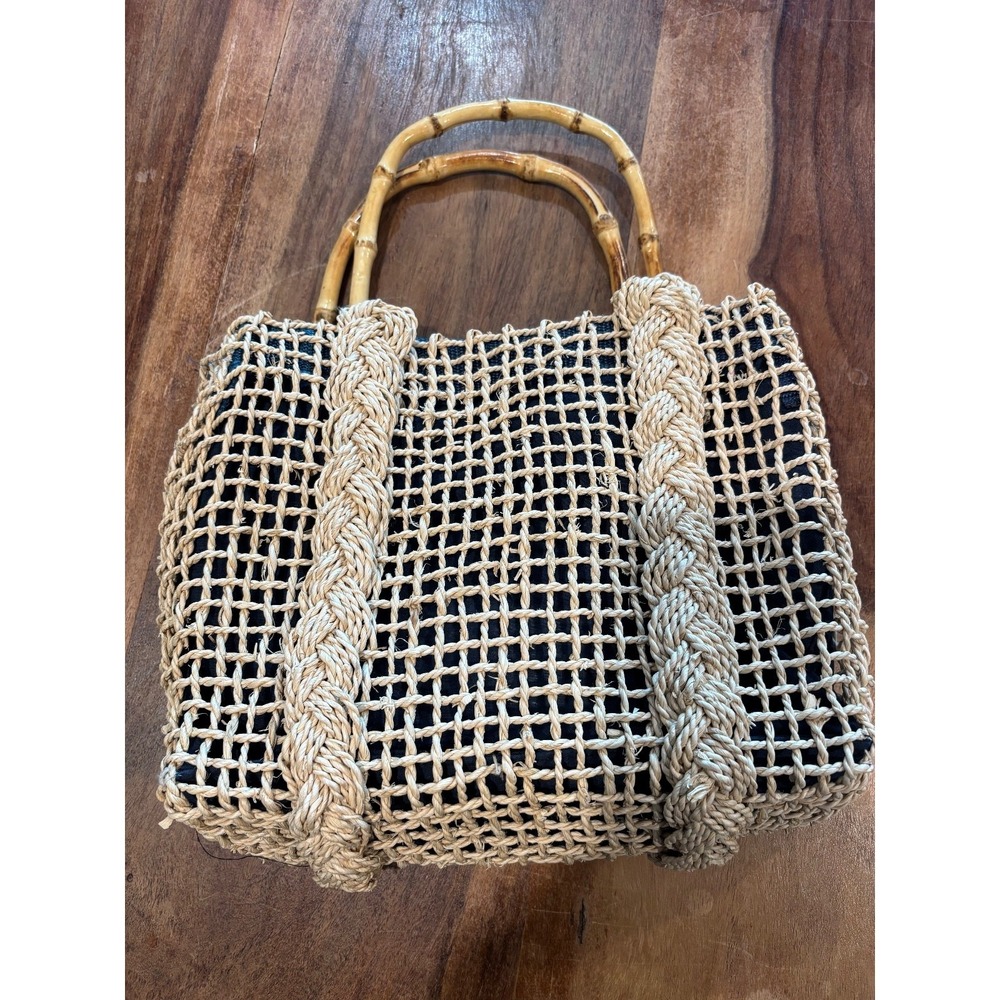 DeeTour Woven Straw lined cotton bamboo handles hand bag beach boho vacation